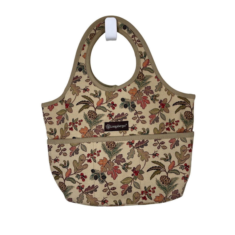 Longaberger Autumn‎ Botanical Tapestry Tote Bag Tan Fall Leaf Pinecone Print
